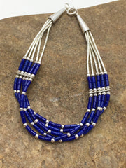 Blue Lapis Heishi 5 Strand Southwestern Liquid Sterling Silver Bracelet 7" 12638