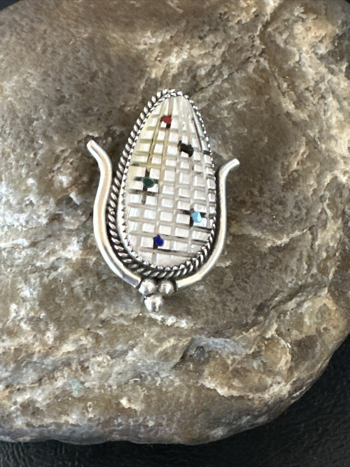 CORN INLAY Turquoise White MOP Spiny Zuni Sterling Silver Pin Pendant 17849