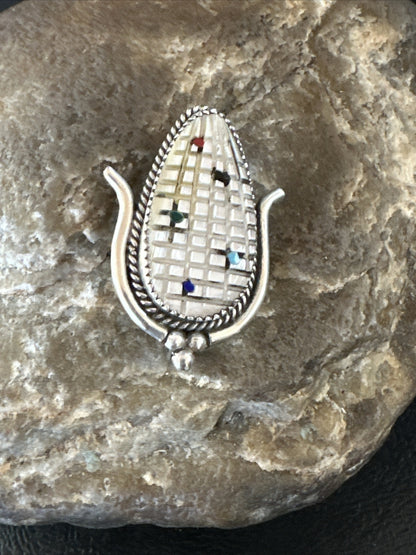 CORN INLAY Turquoise White MOP Spiny Zuni Sterling Silver Pin Pendant 17849