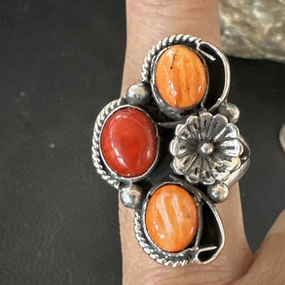 Multicolor Ring Coral Spiny Navajo Sterling Silver Cluster Sz 10.5 19196