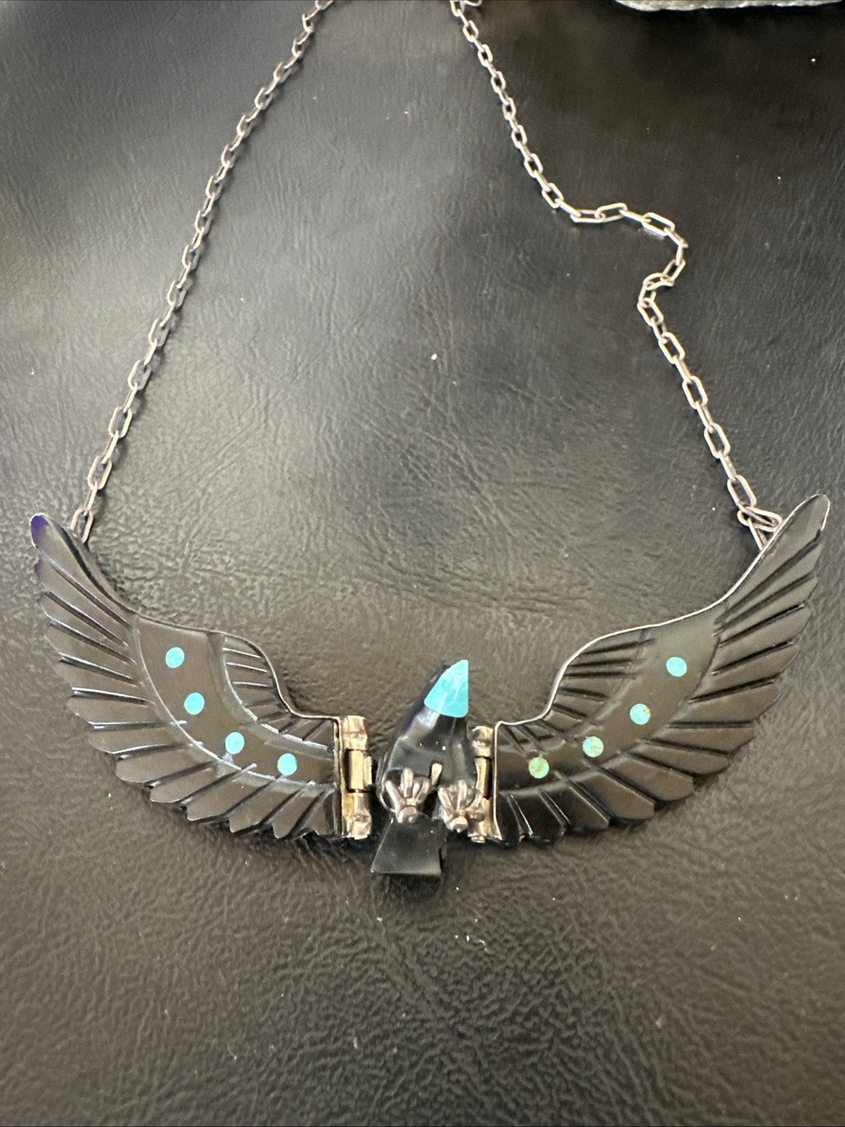 Navajo Flying Eagle 4.5"  Black Jet Turquoise Necklace F Tom 20” 19420