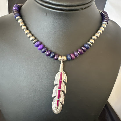 Feather Purple Stone Opal Pendant Sterling Silver Necklace 21” 18671