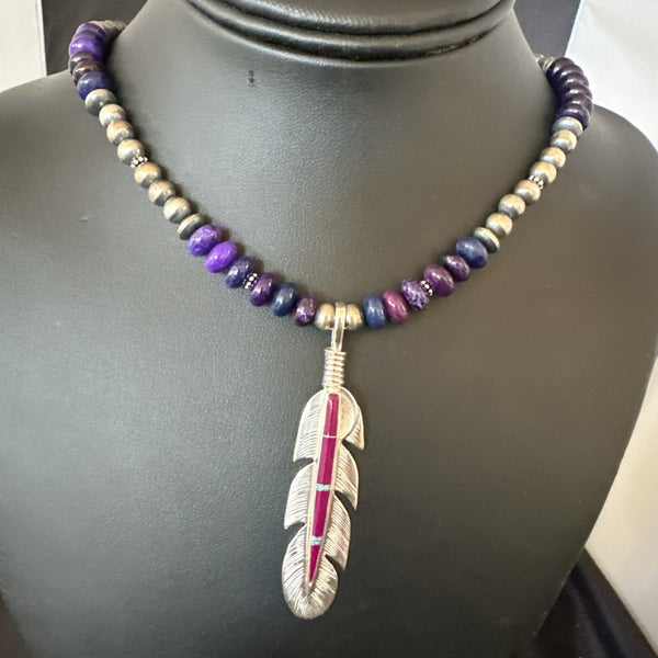 Feather Purple Stone Opal Pendant Necklace 21" | Sterling Silver | Authentic Native American Handmade | 18671