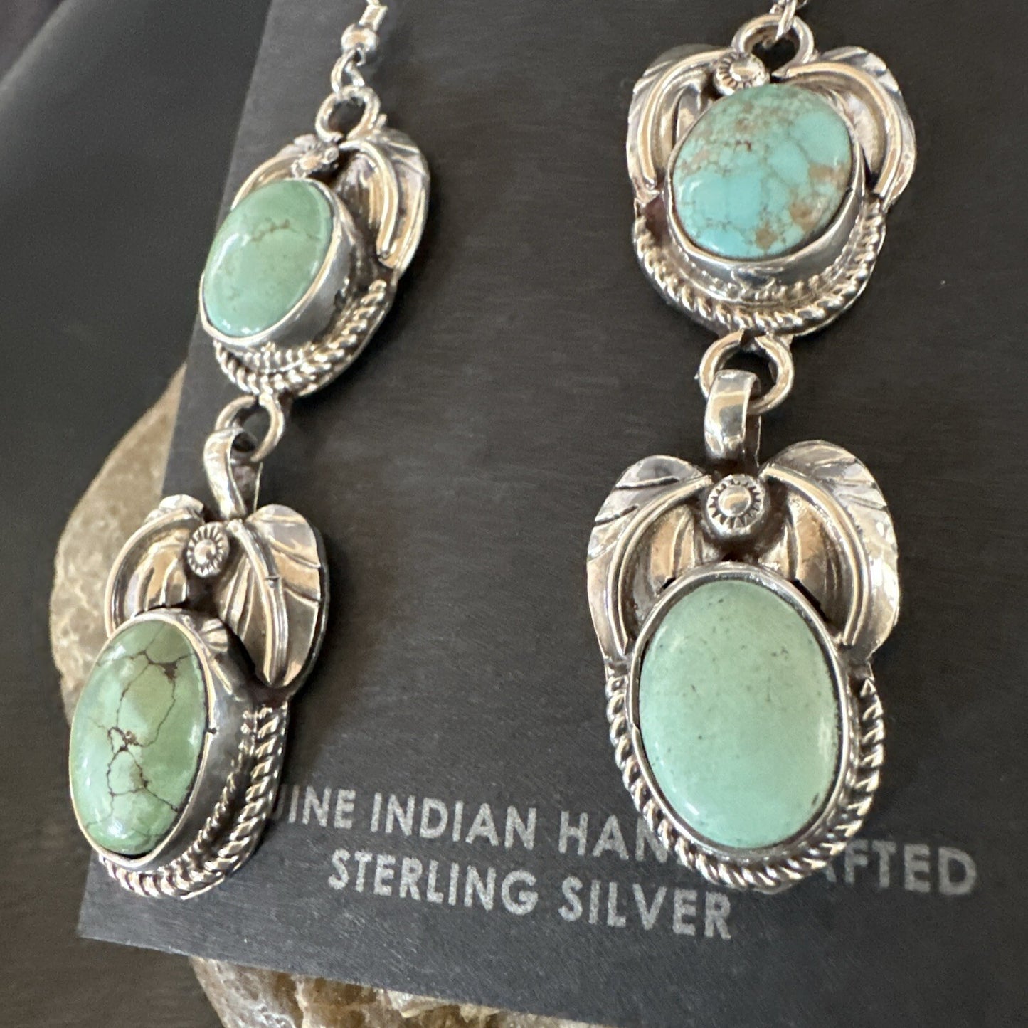 Native Navajo Blue Green Turquoise Sterling Silver Dangle Earrings 2” 17917