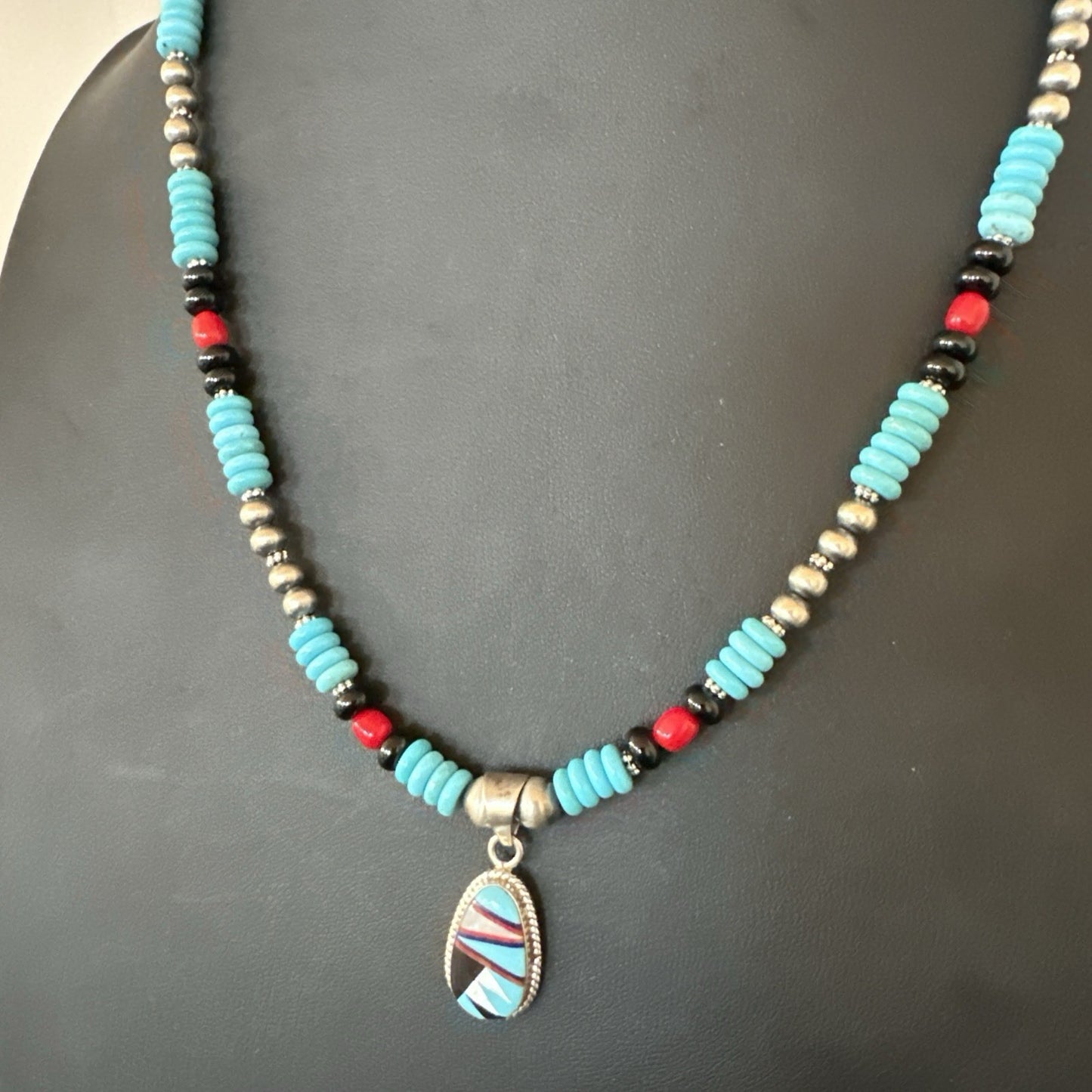 Multicolor Turquoise Coral Navajo Sterling Silver Inlay Pendant Necklace 19648