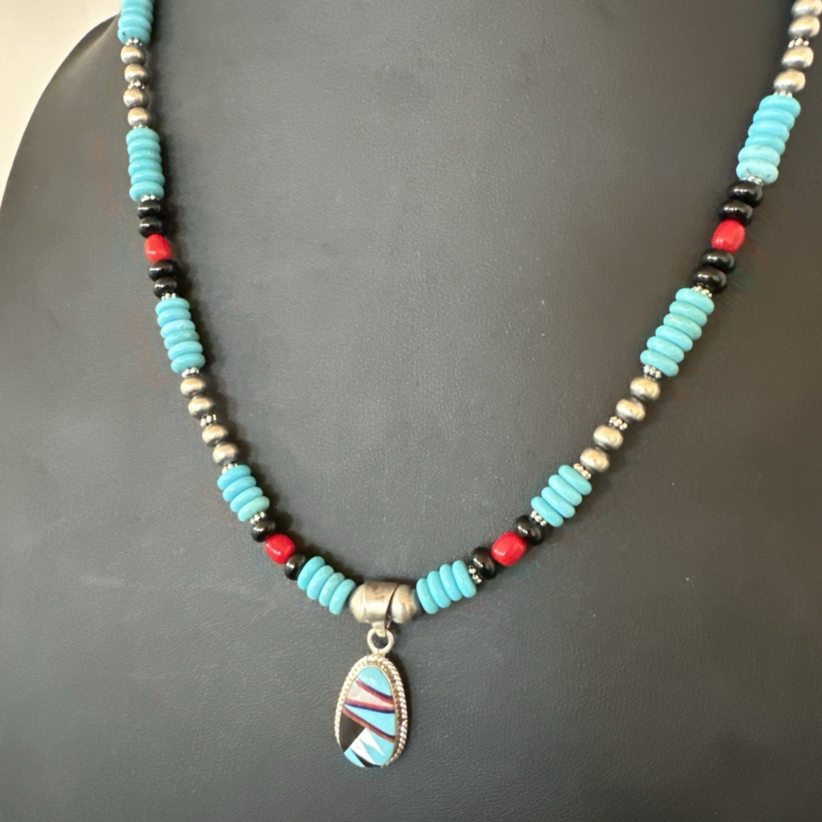 Multicolor Turquoise Coral Navajo Sterling Silver Inlay Pendant Necklace 19648