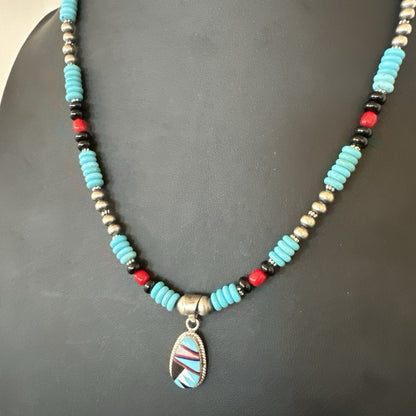 Multicolor Turquoise Coral Navajo Sterling Silver Inlay Pendant Necklace 19648