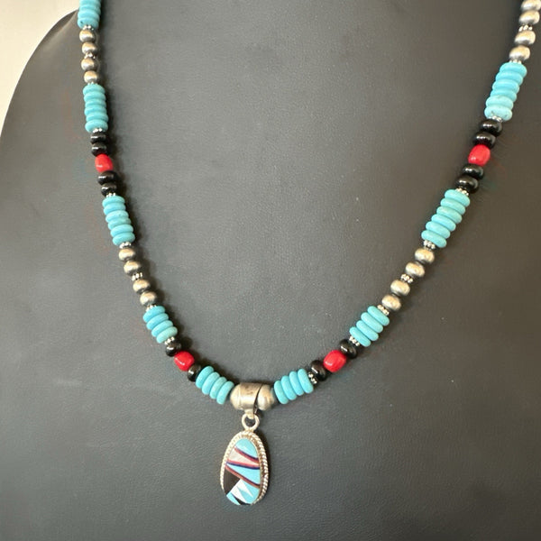 Multicolor Turquoise Coral Navajo Inlay Pendant Necklace | Sterling Silver | Authentic Native American Handmade | 19648