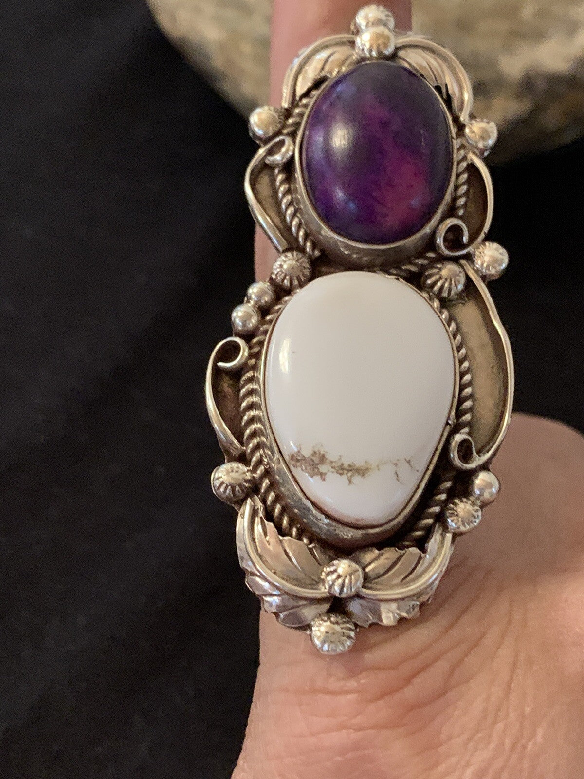 Southwestern Sterling Silver White Buffalo Purple Stone Ring Sz 8.5 00399