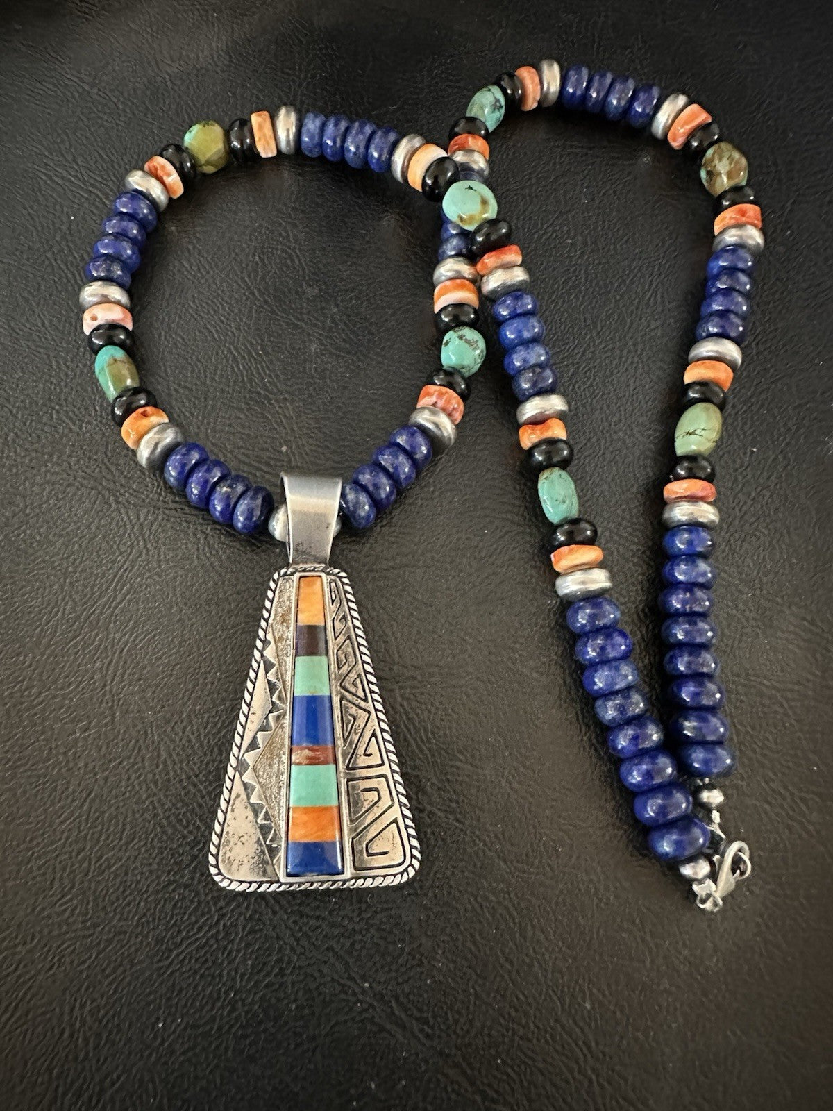 Multicolor Inlay Lapis Pendant Navajo Sterling Silver Necklace 22” 19467