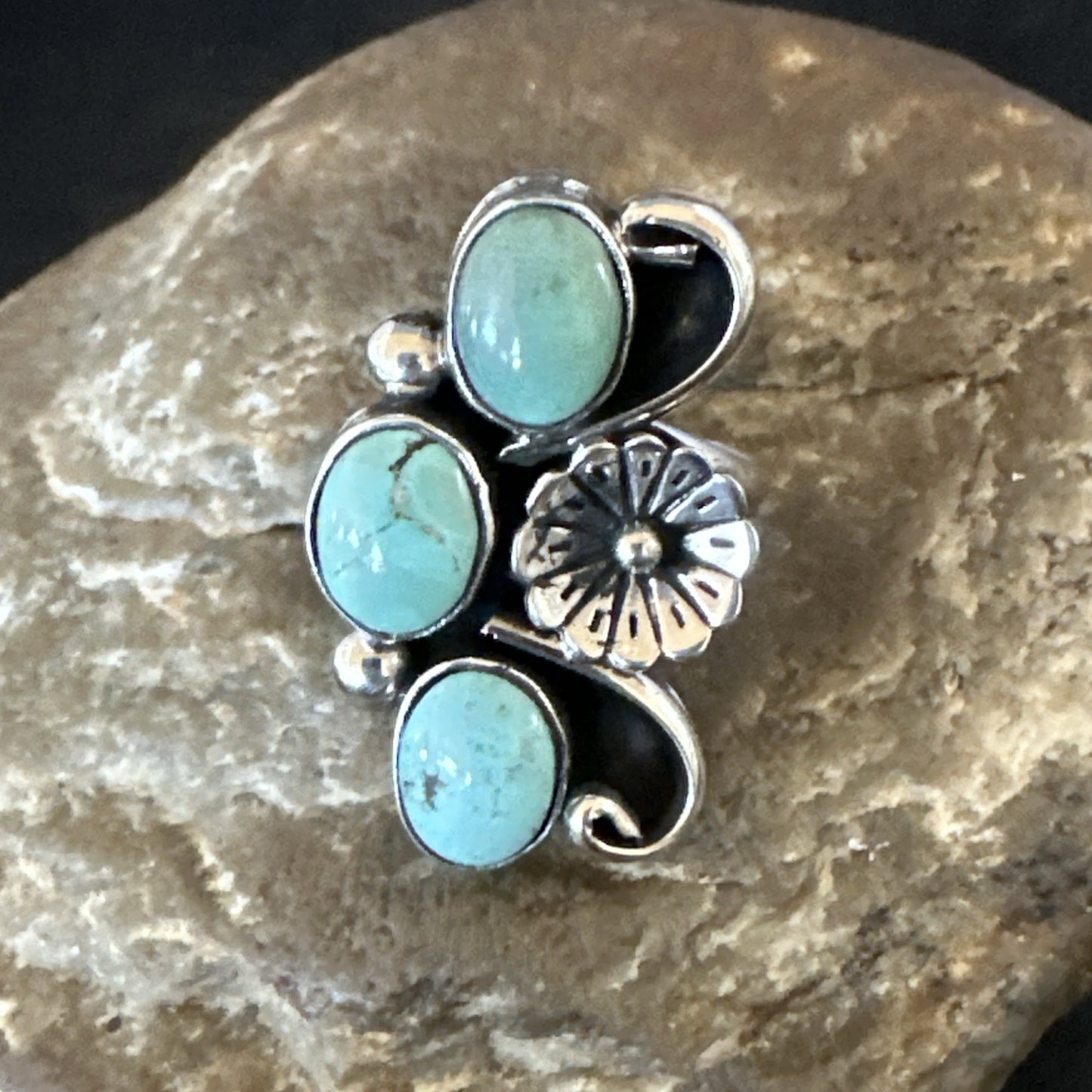 Blue Green Turquoise Navajo Sterling Silver Cluster Ring Size 8.5 19081