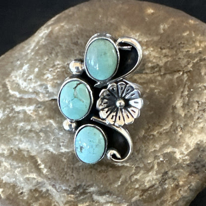 Blue Green Turquoise Navajo Sterling Silver Cluster Ring Size 8.5 19081