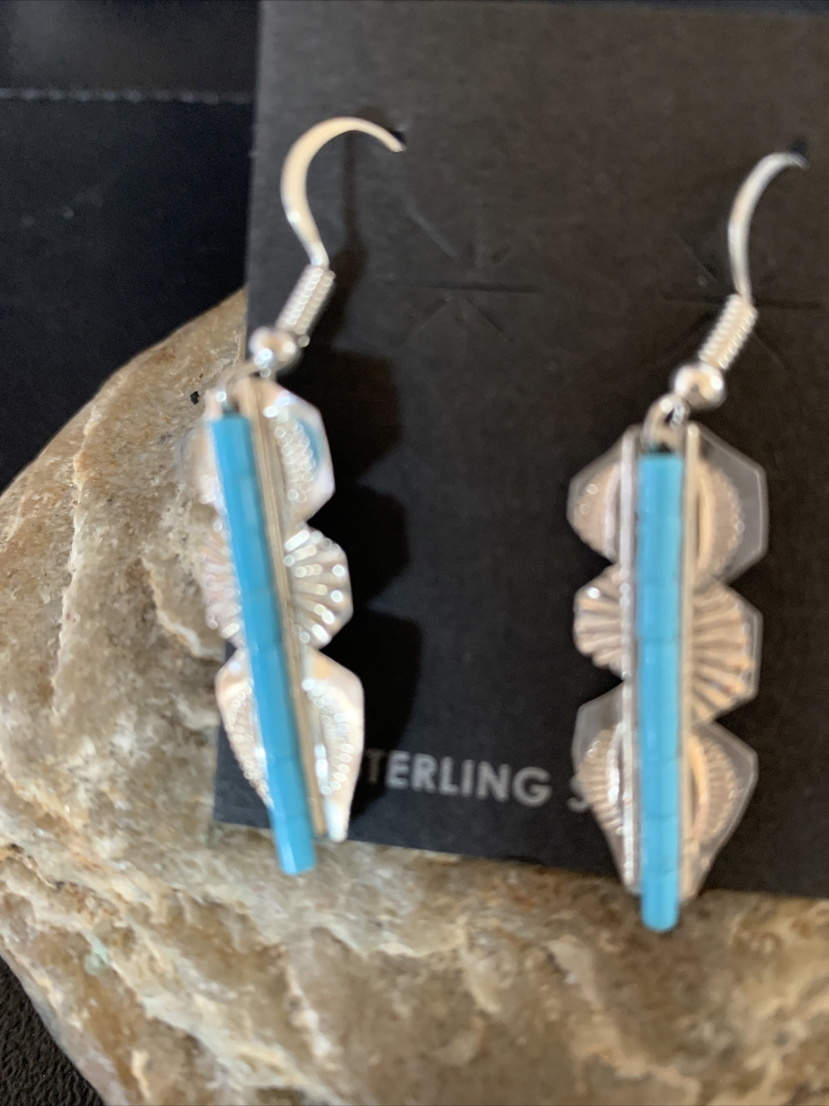 Blue Turquoise Sterling Silver Navajo Handmade Inlay Feather Earrings 13063