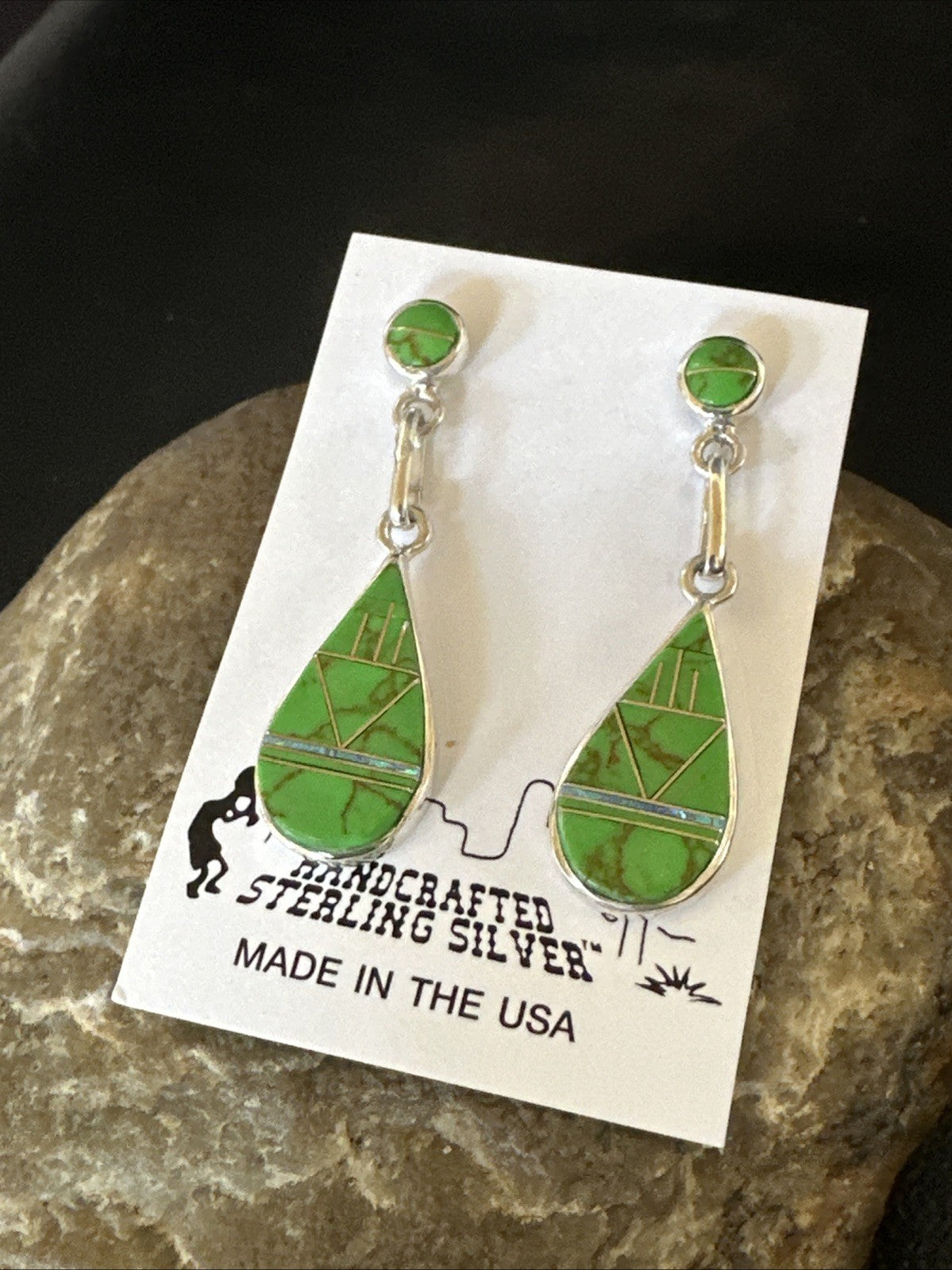 Green Gaspeite Southwestern Sterling Silver Inlay Earrings 1.5" 19154