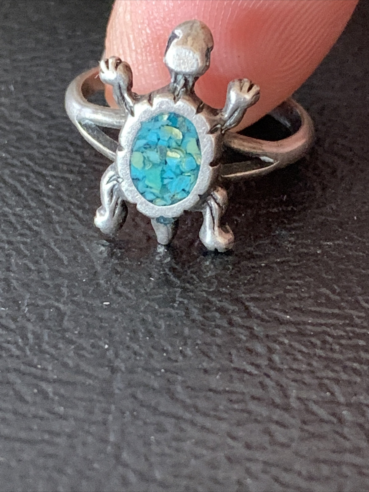 Blue Turquoise Navajo Sterling Silver Old Pawn Turtle Ring Size 4.5 10787
