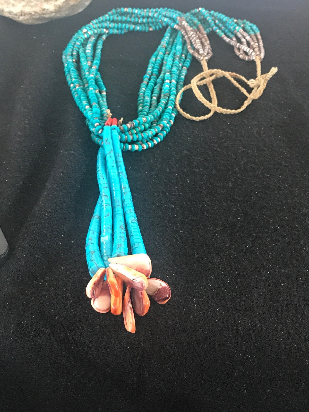 Mens Turquoise Bead 9 Strands Navajo Pearls Sterling Silver Necklace 08451