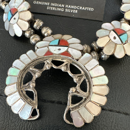 Old Pawn Sunface Turquoise Zuni Sterling Silver Squash Necklace Earrings 19085