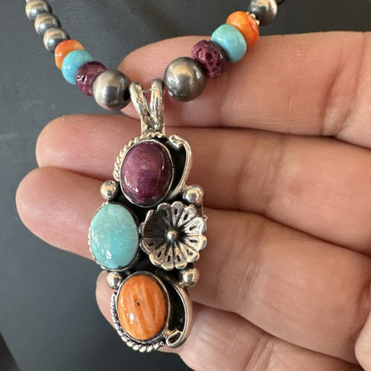 Multicolor Turquoise Spiny Navajo Sterling Silver Cluster Pendant Necklace 19641