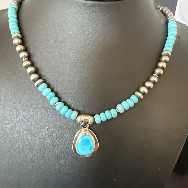 Men's Blue Kingman Turquoise Pendant Navajo Necklace 21" | Sterling Silver | Authentic Native American Handmade | 18111