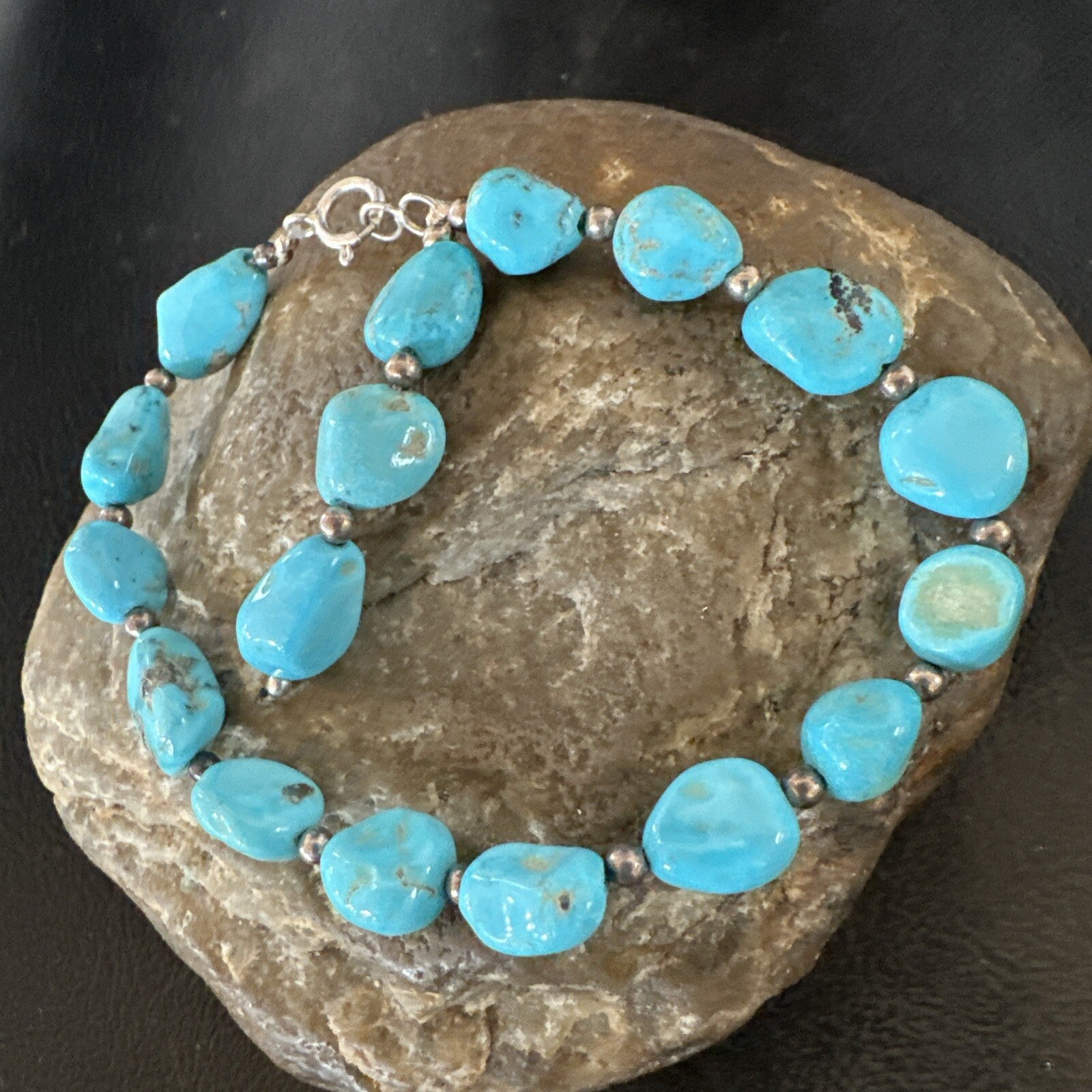Blue Sleeping Beauty Nugget Turquoise Sterling Silver Navajo Bracelet 7.5” 18608