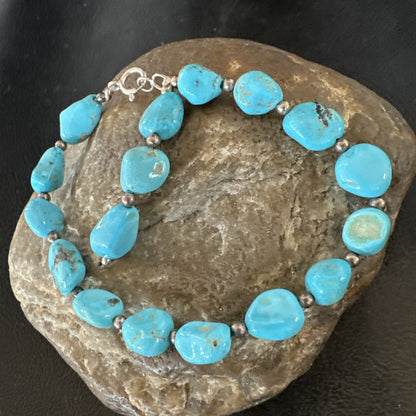 Blue Sleeping Beauty Nugget Turquoise Sterling Silver Navajo Bracelet 7.5” 18608