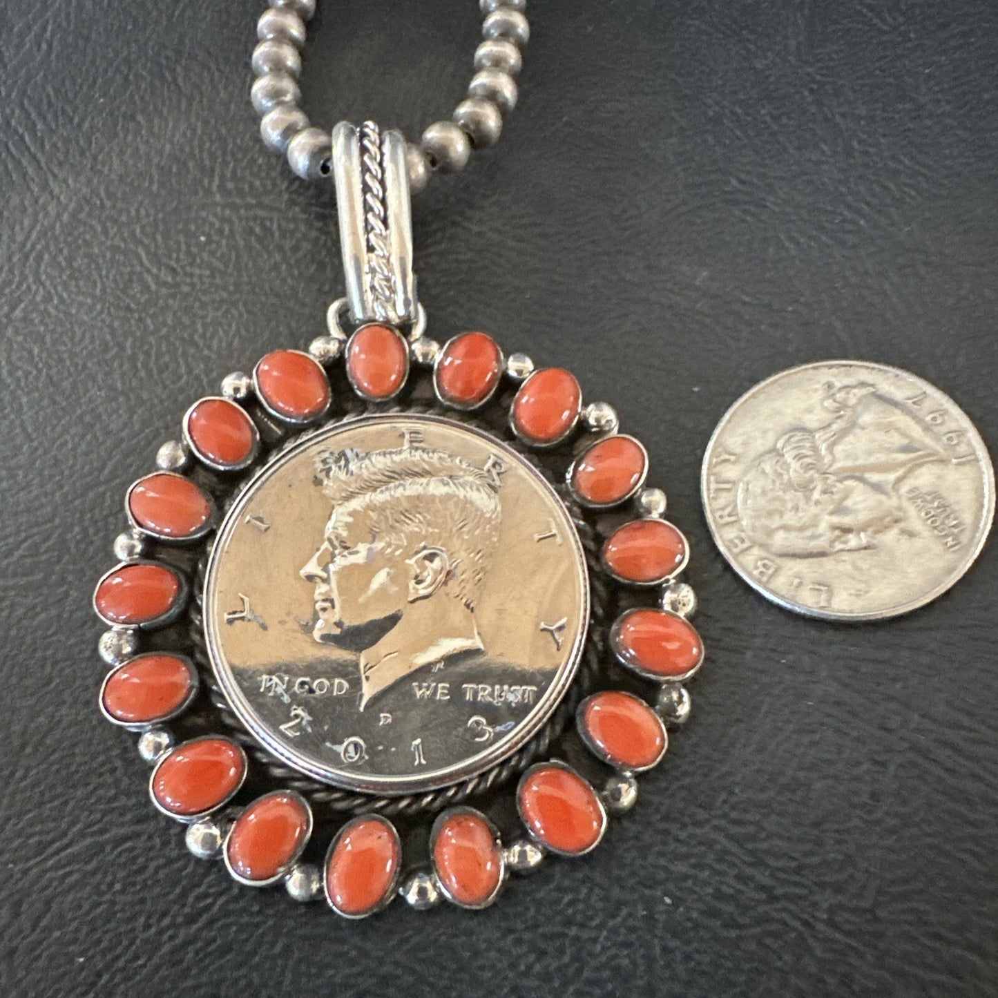 Coin Pendant Red Spiny Oyster Turquoise Navajo Sterling Silver Necklace 17925