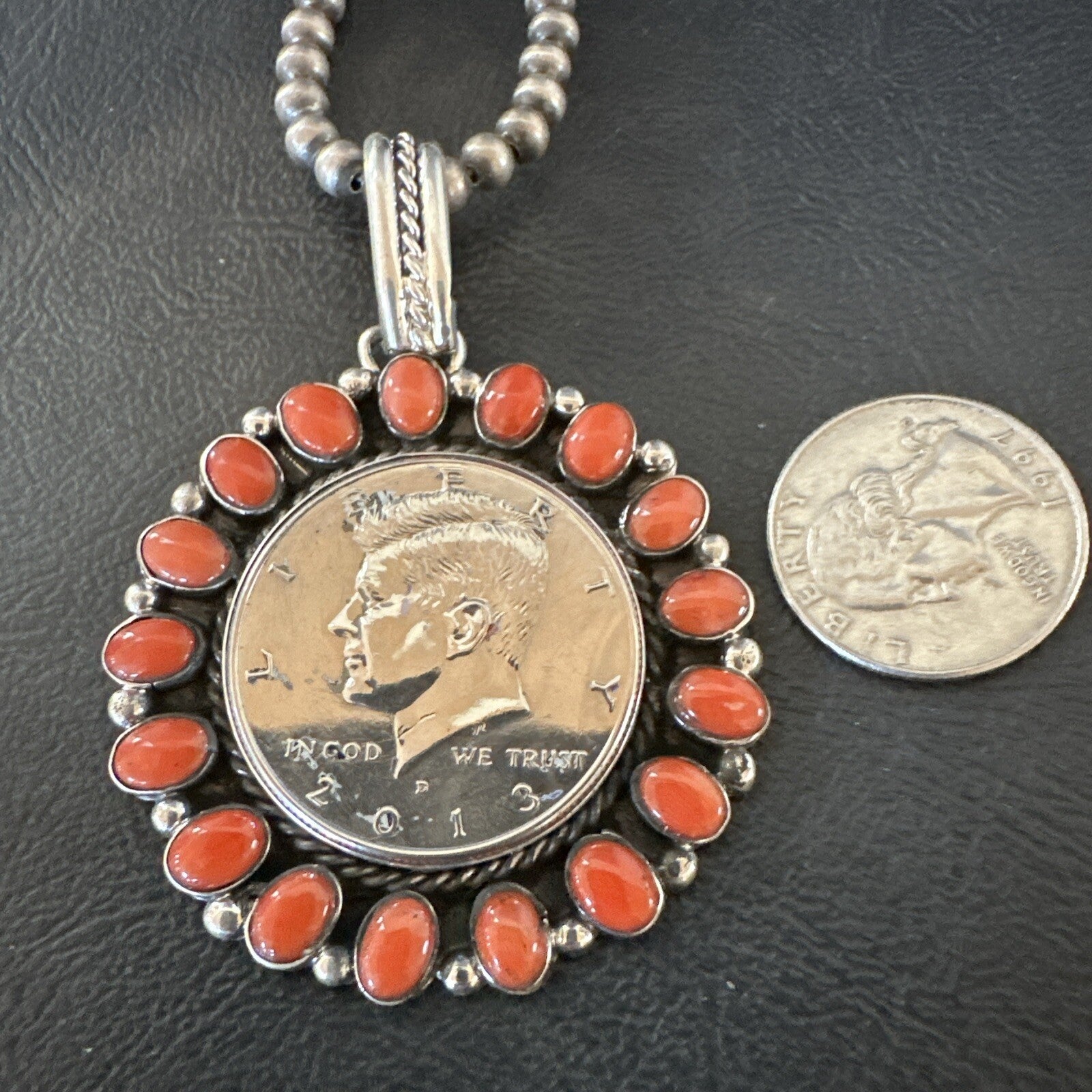 Coin Pendant Red Spiny Oyster Turquoise Navajo Sterling Silver Necklace 17925