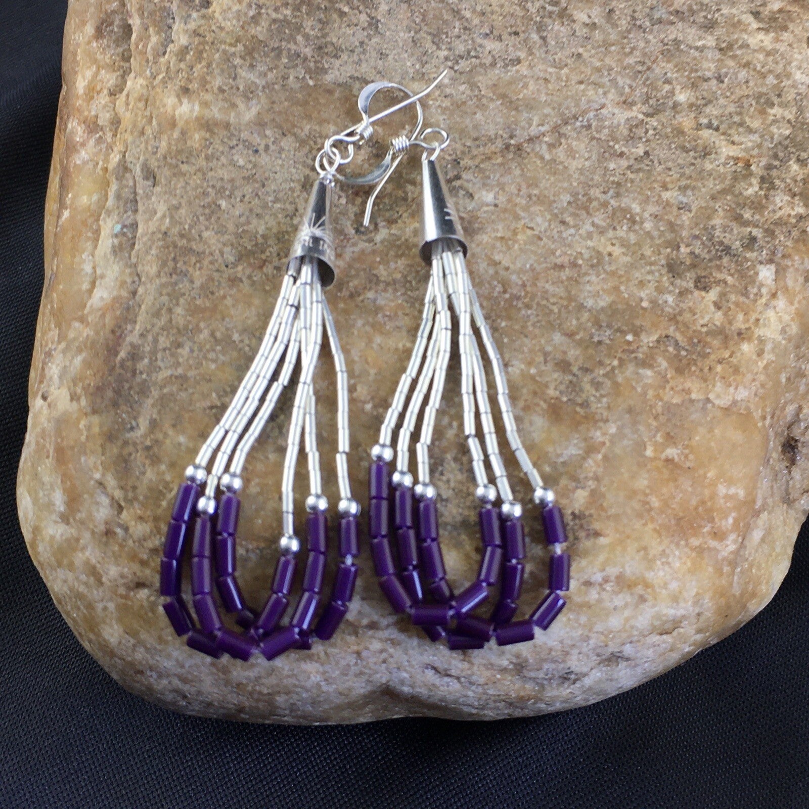 Purple Stone 3 Strands Heishi Liquid Sterling Silver Dangle Earrings 1997