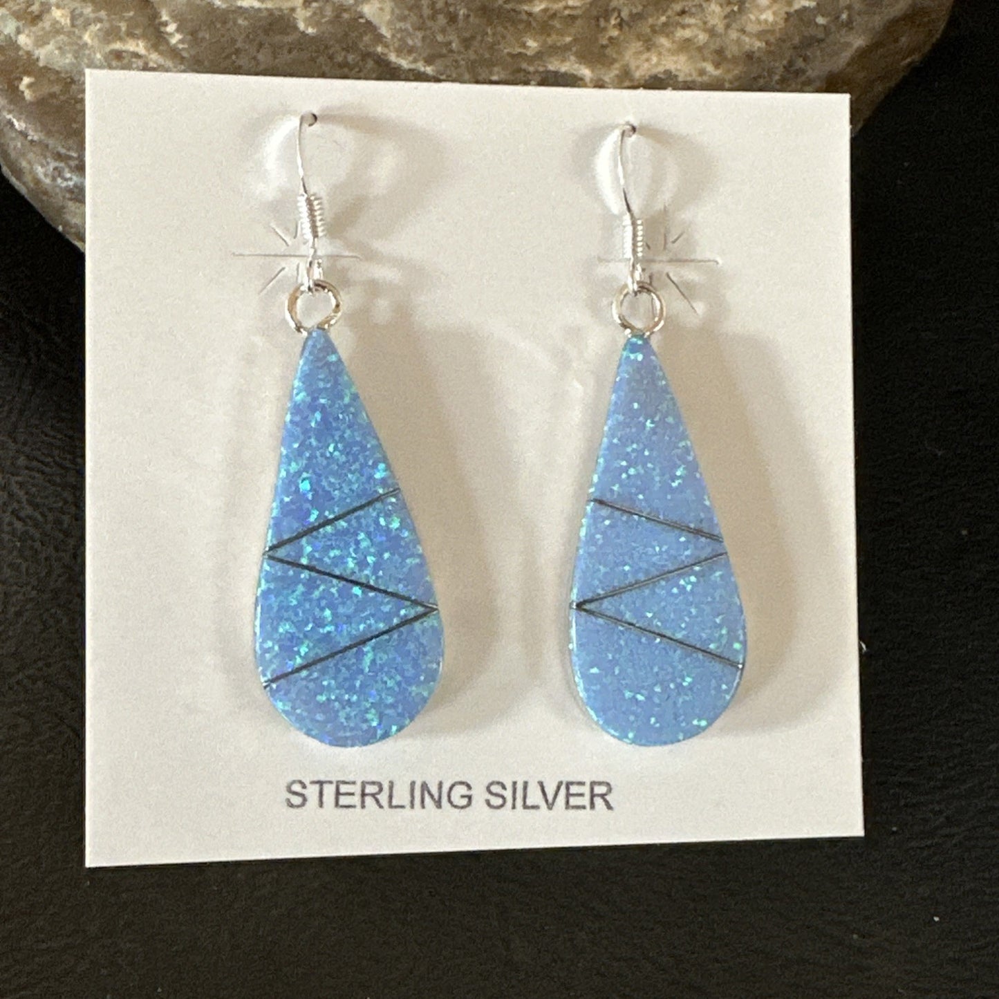 Blue Faux Opal Dangle Inlay Navajo Sterling Silver Earrings 19263