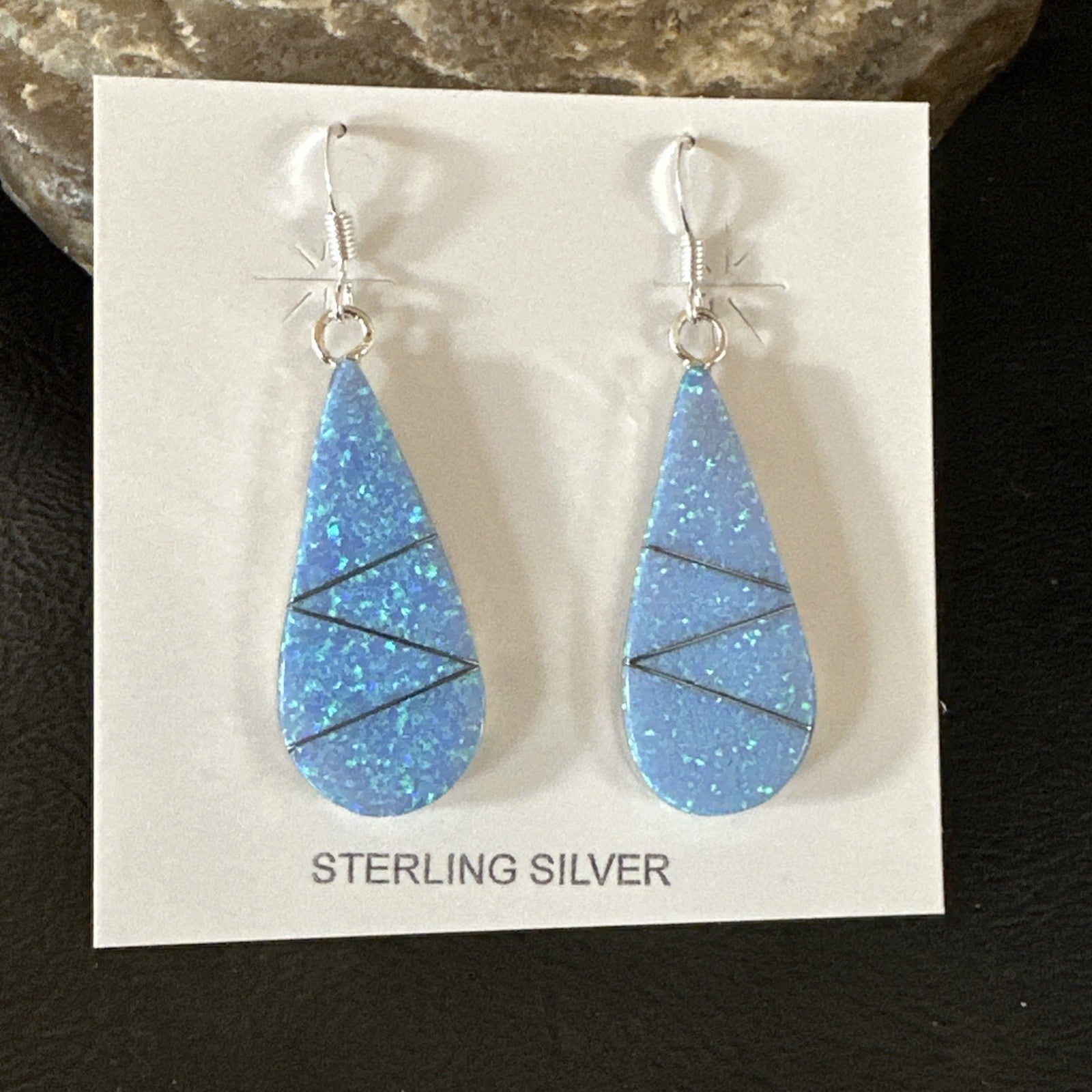 Blue Faux Opal Dangle Inlay Navajo Sterling Silver Earrings 19263