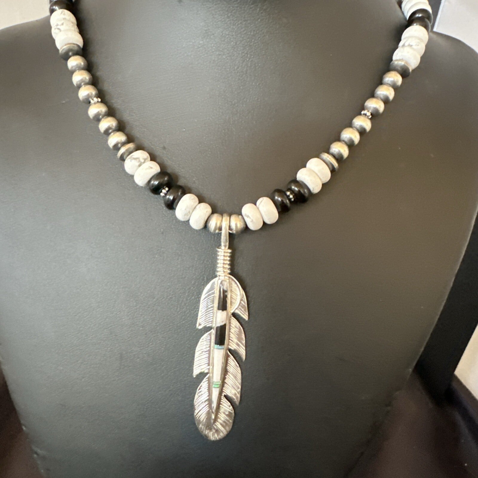 Feather White Buffalo Turquoise Opal Pendant Sterling Silver Necklace 21” 18670