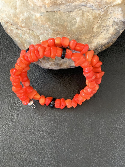 Memory wire Stainless Steel Coral Onyx Bead Bracelet Sterling Silver 01955