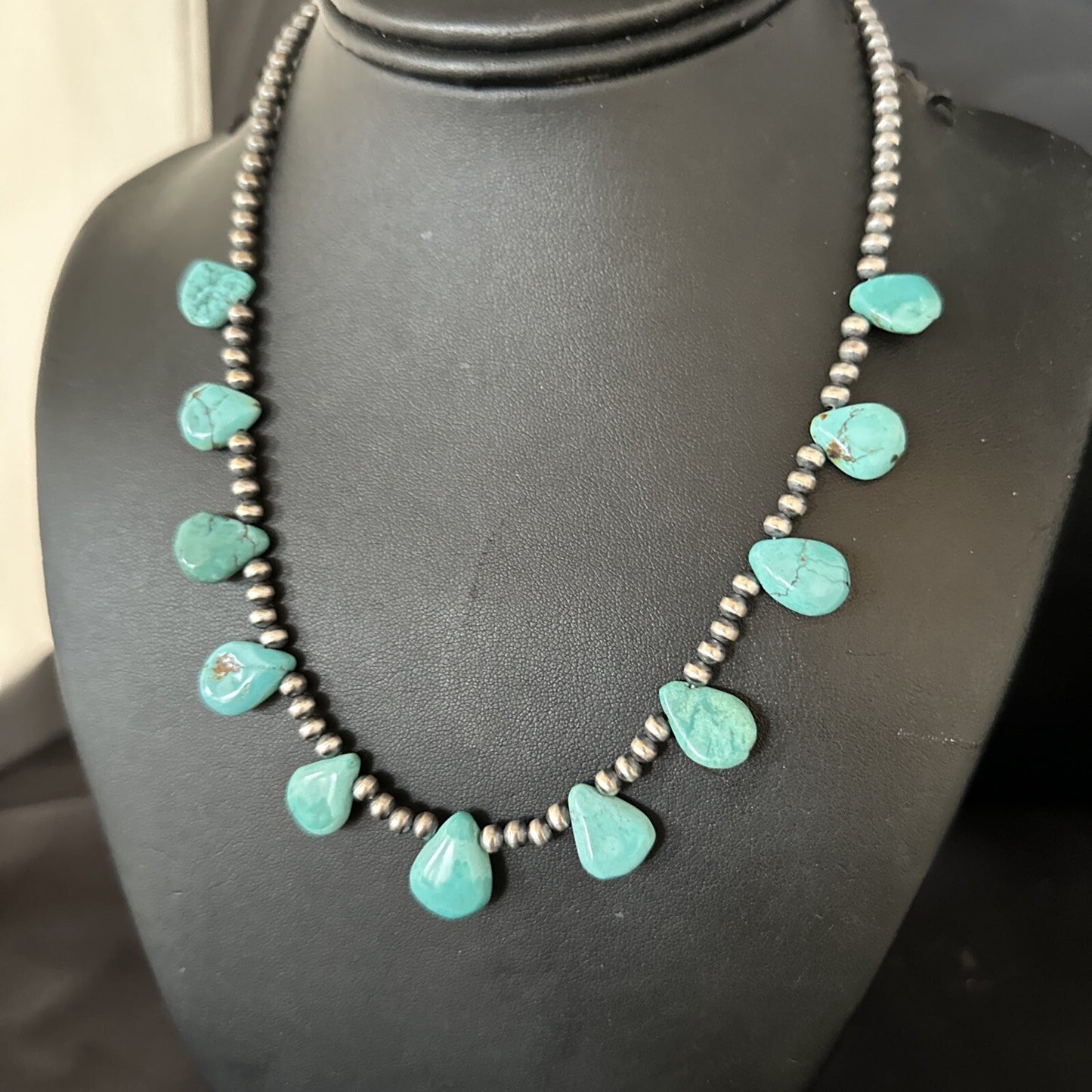 20in Teardrop Navajo Pearls Sterling Silver Blue Turquoise Necklace 14733