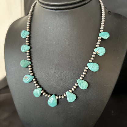 20in Teardrop Navajo Pearls Sterling Silver Blue Turquoise Necklace 14733