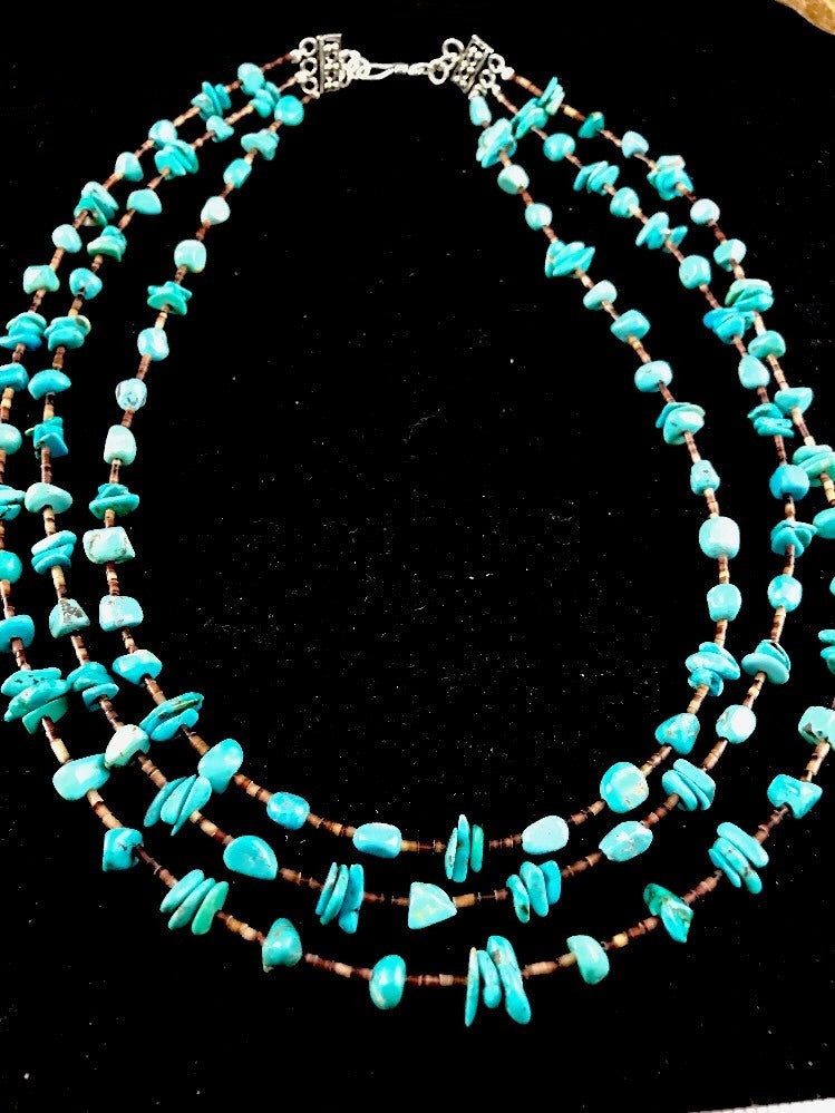Native American Sterling Silver Nugget Turquoise Shell Necklace 3S 10088