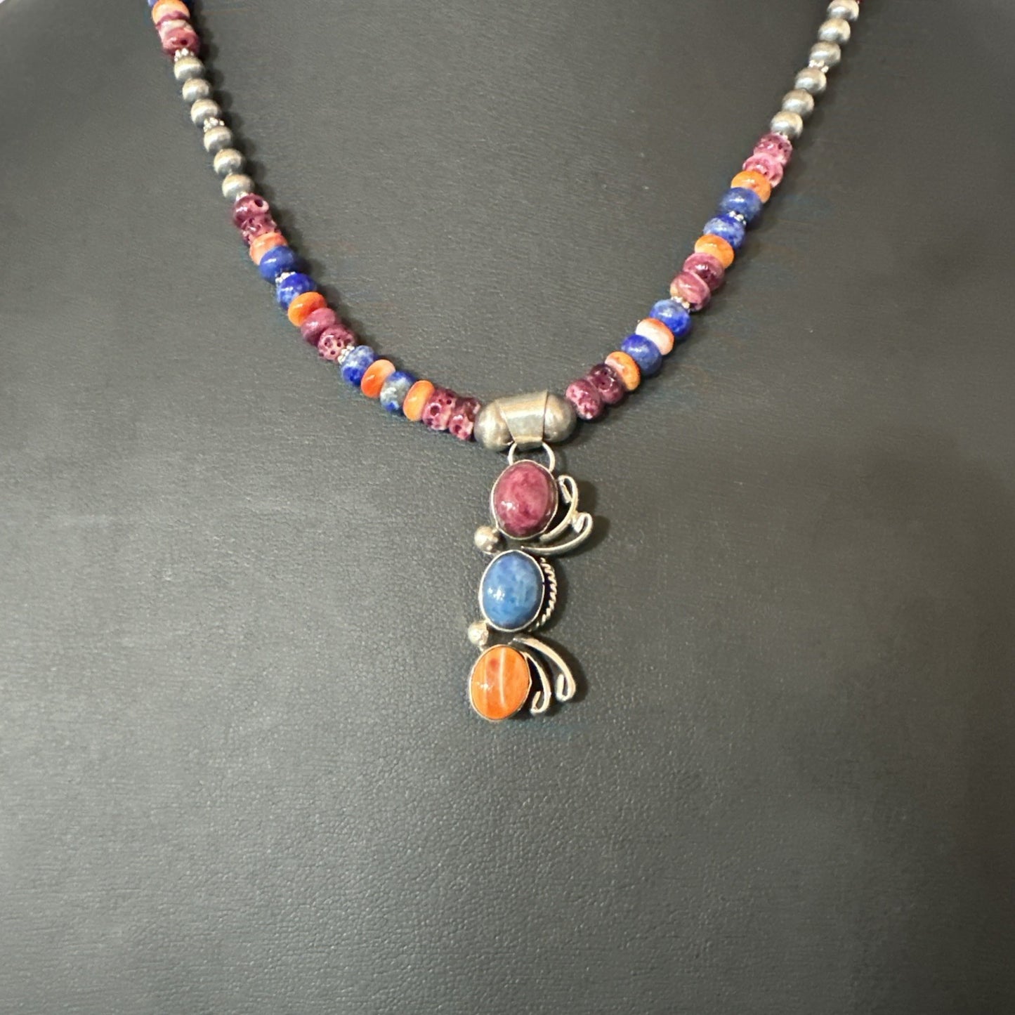Multicolor Turquoise Spiny Navajo Sterling Silver Cluster Pendant Necklace 19639