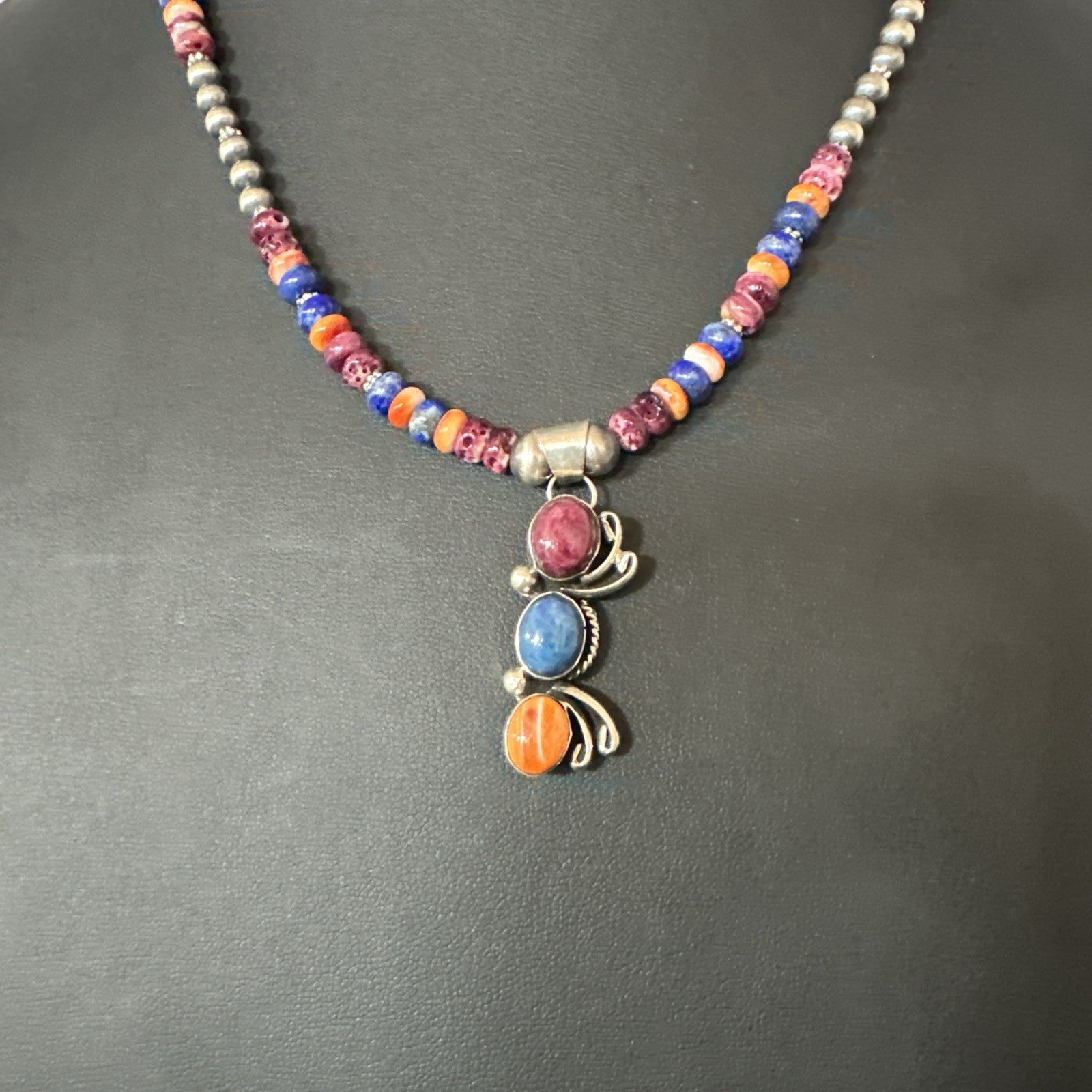 Multicolor Turquoise Spiny Navajo Sterling Silver Cluster Pendant Necklace 19639