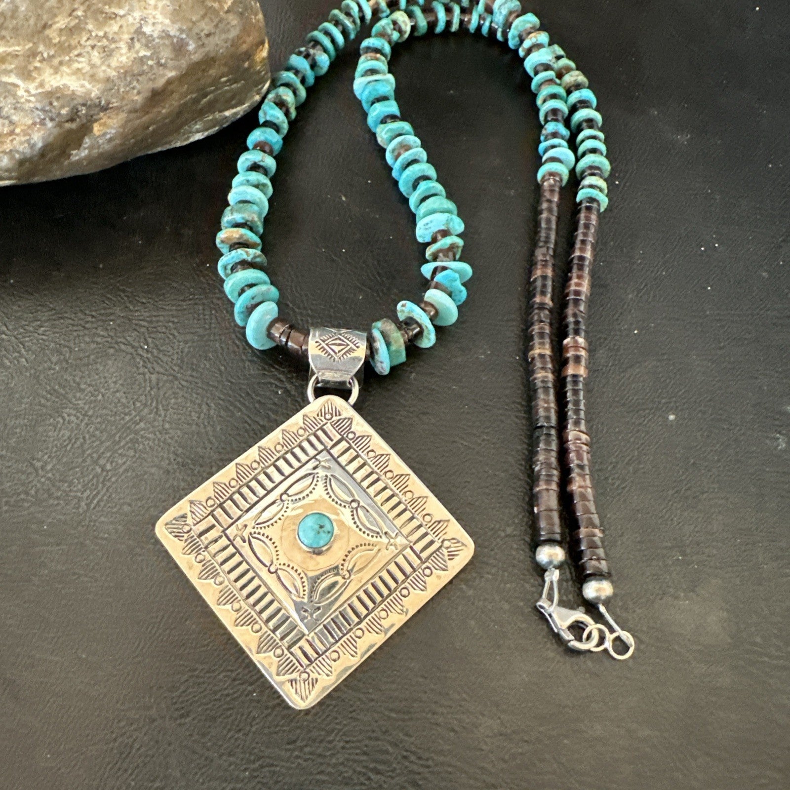 Navajo Blue Turquoise Stamped Pendant Shell Sterling Silver 28” Necklace 19705