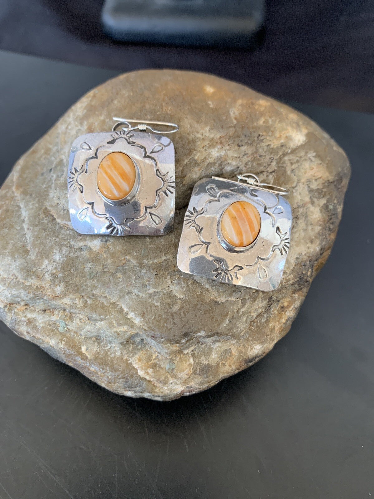 Gold Orange Spiny Oyster Navajo Sterling Silver Earrings 02076