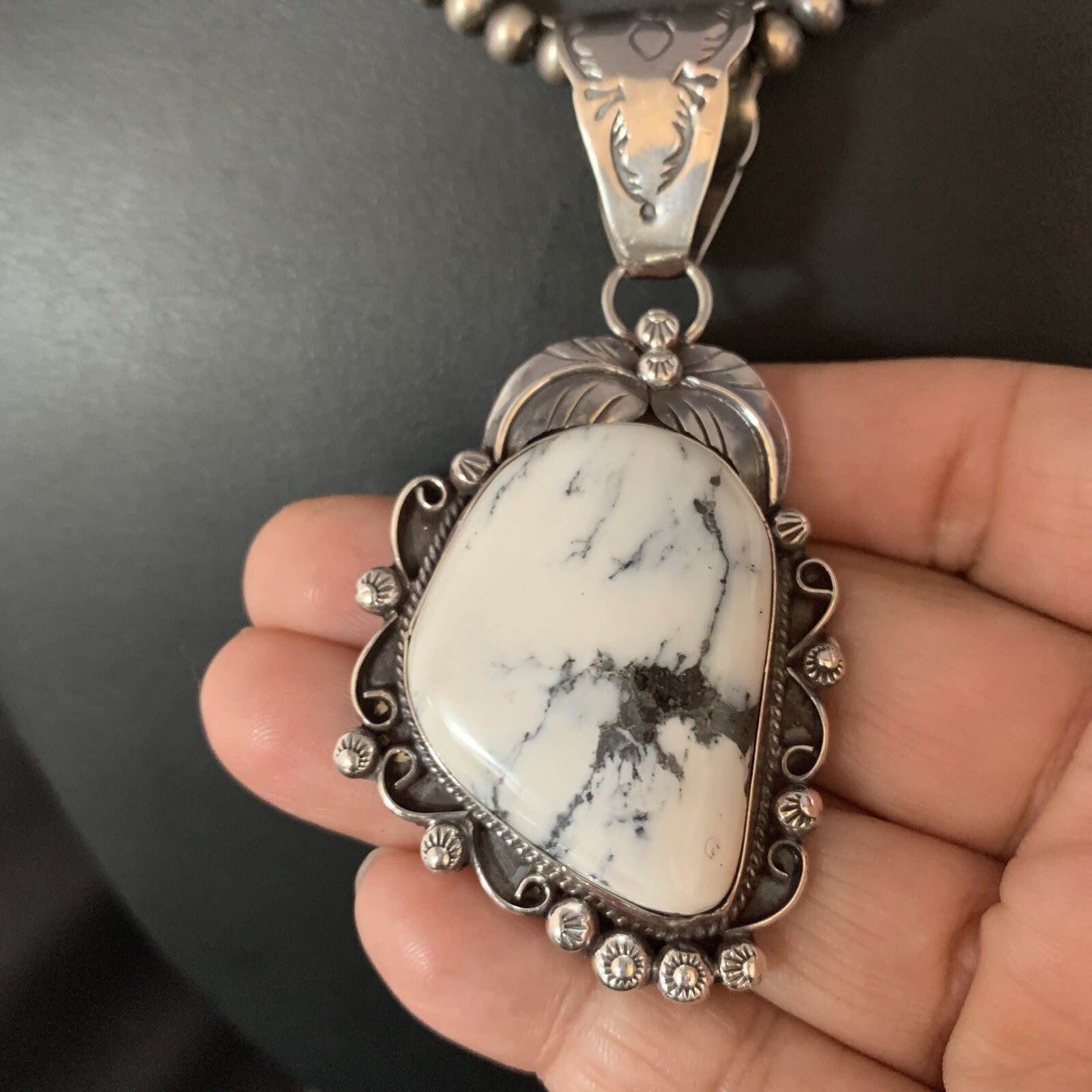 White Buffalo Turquoise Pendant Necklace Sterling Silver Navajo 13993