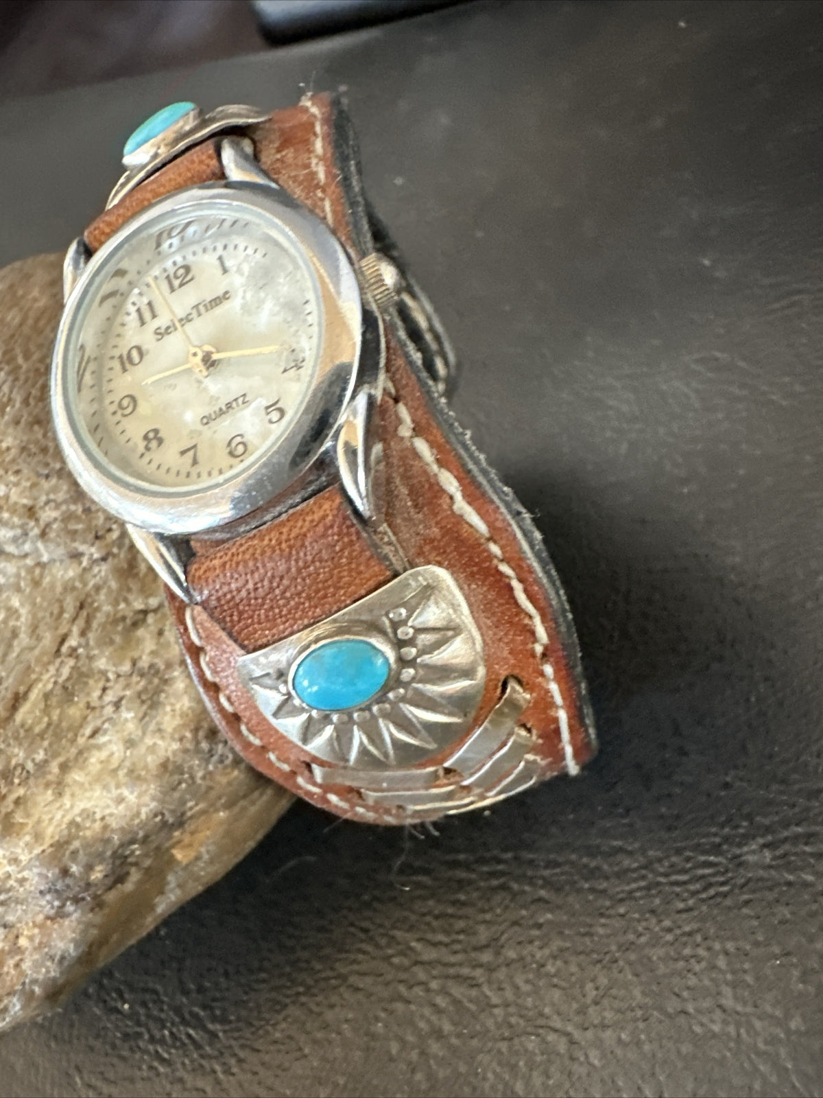 Womens Blue Turquoise Navajo Sterling Silver Cuff Watch Leather Bracelet 17736