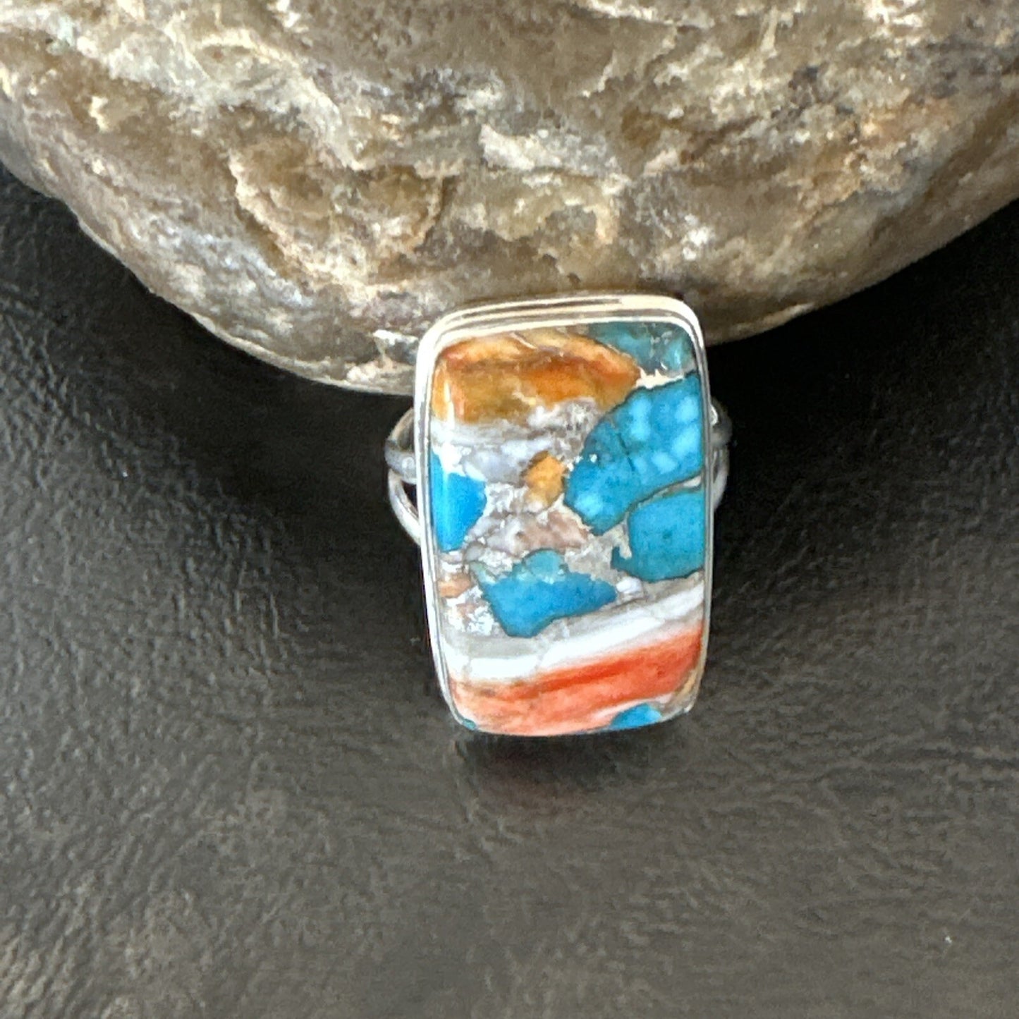 Blue Turquoise Orange Spiny Oyster Navajo Sterling Silver Ring Size 10 18246