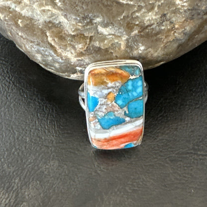 Blue Turquoise Orange Spiny Oyster Navajo Sterling Silver Ring Size 10 18246