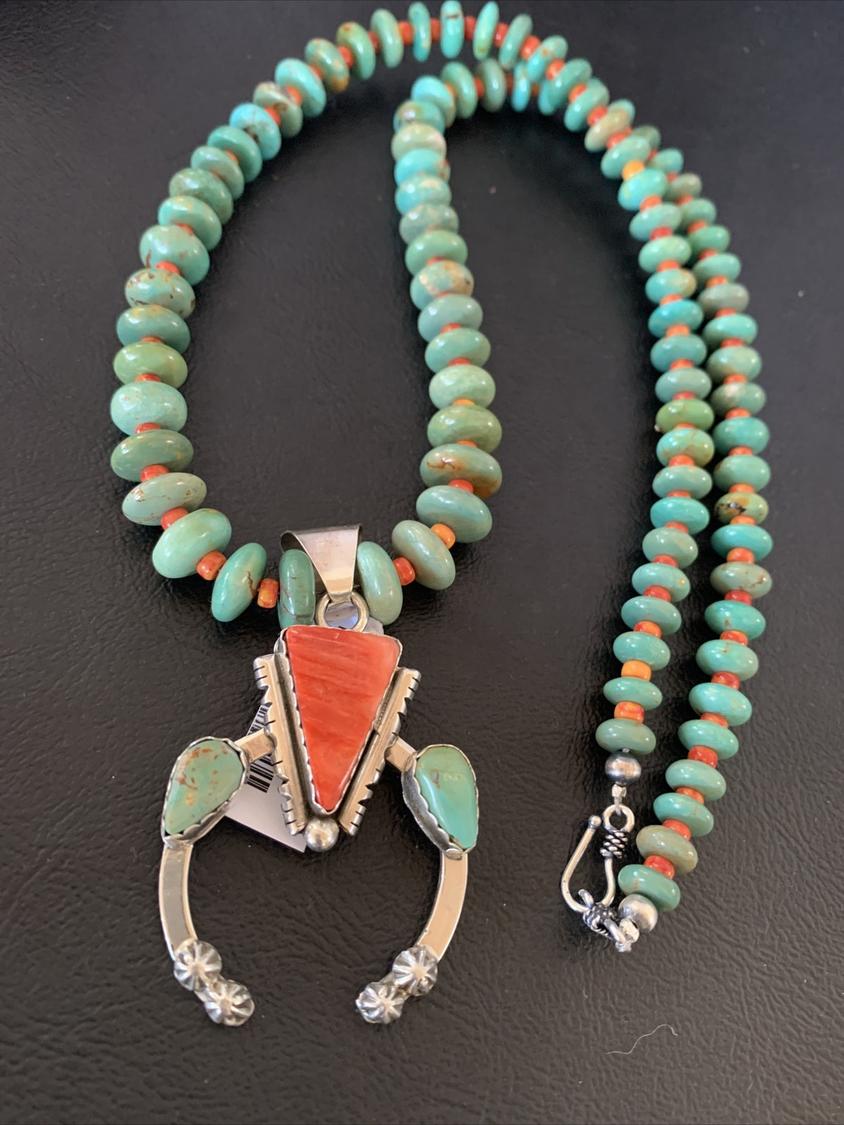 Royston Turquoise & Spiny Oyster Pendant Navajo Sterling Silver Necklace 02042