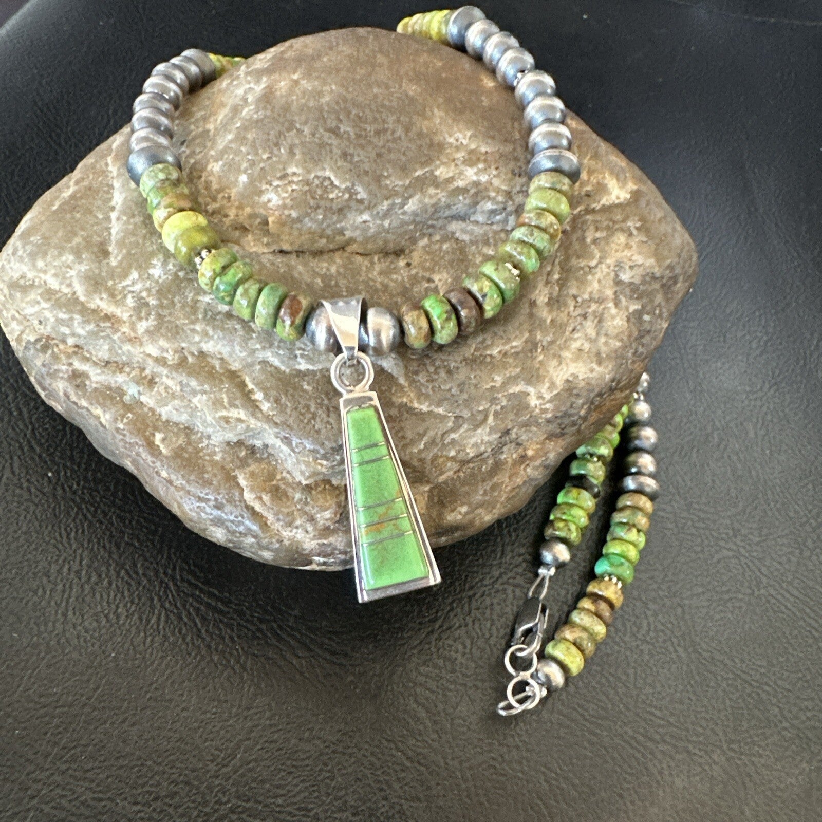 Womens Green Gaspeite Turquoise Pendant Navajo Sterling Silver Necklace 18371