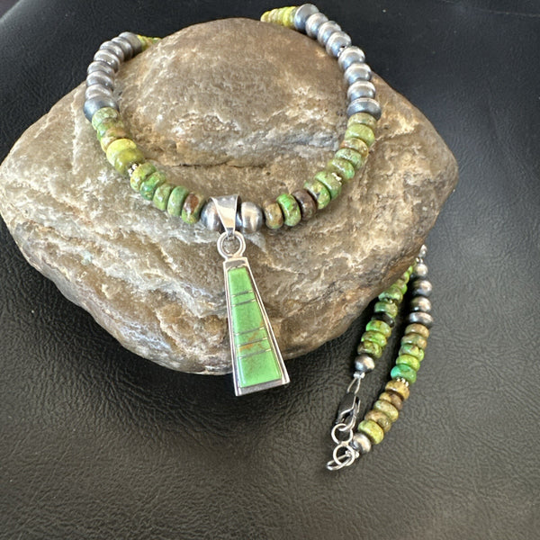 Women's Green Gaspeite Turquoise Pendant Navajo Necklace | Sterling Silver | Authentic Native American Handmade | 18371