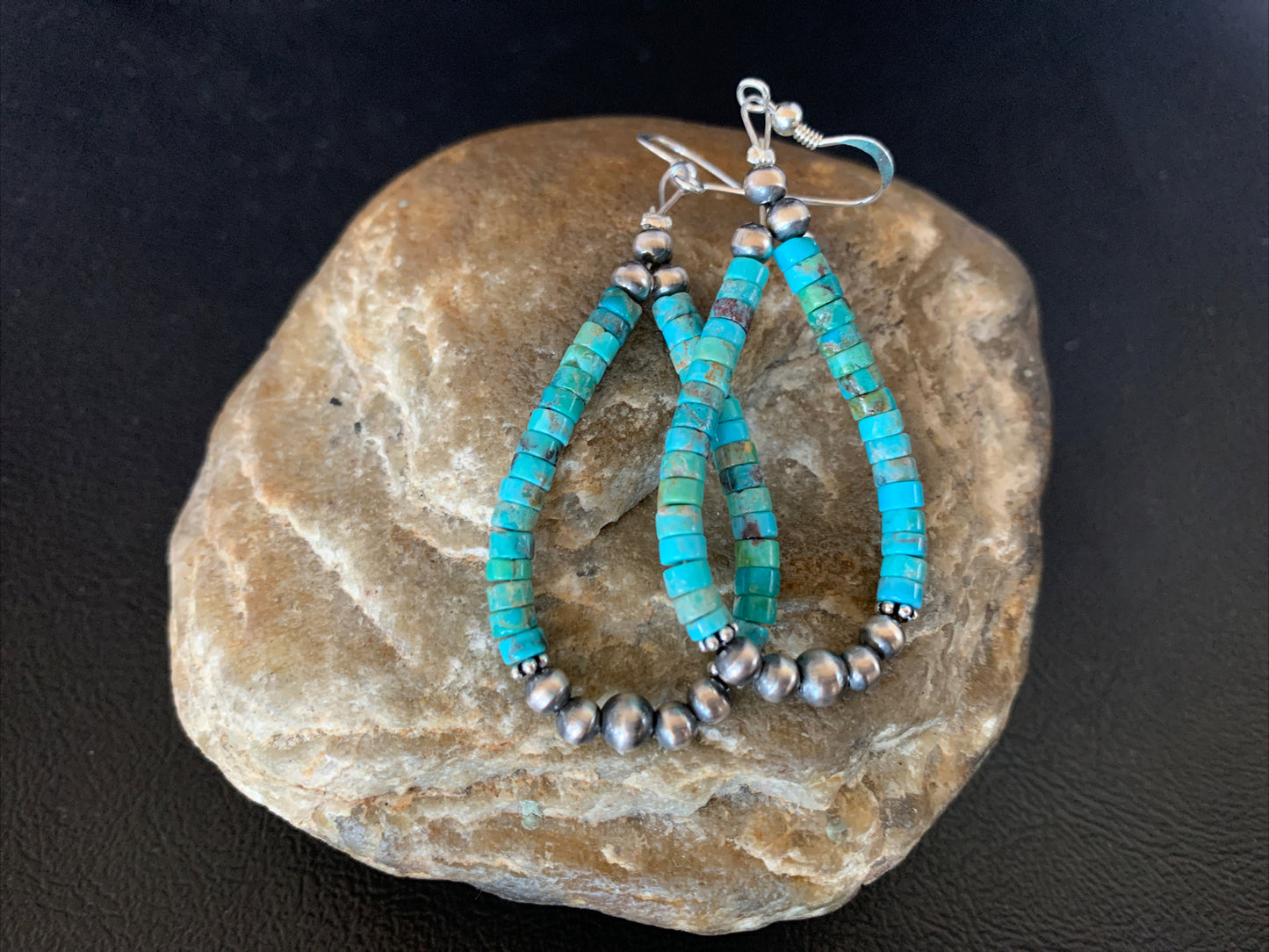 Blue Turquoise Heishi Sterling Silver Navajo Beads Earrings 2" 13043