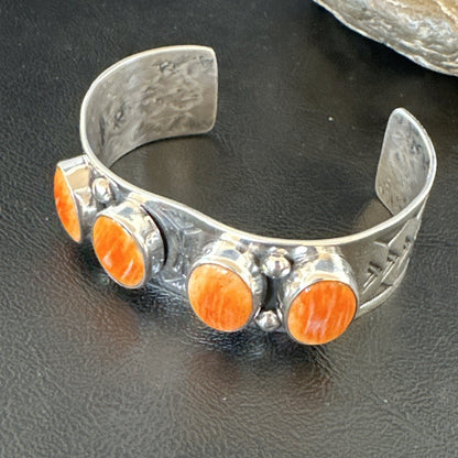 Orange Spiny Oyster 4 Stone Row Sterling Silver Navajo Cuff Bracelet 7.7" 19476