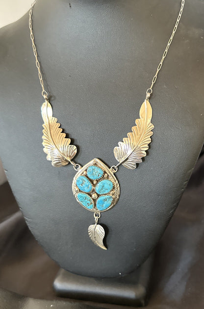 Blue Kingman Turquoise Navajo Sterling Silver Cluster Pendant 18575