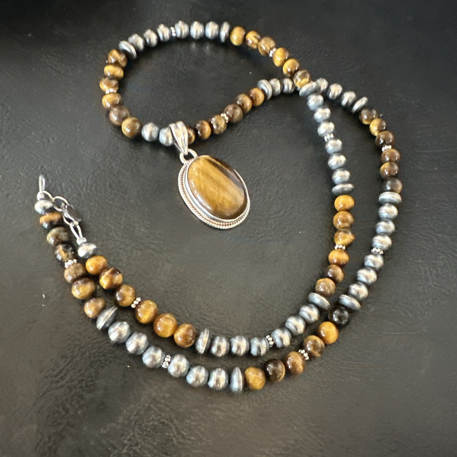 Coffee Brown Tigers Eye Sterling Silver Pendant Necklace Southwestern 18282